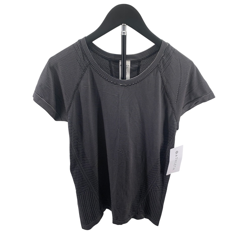 Athleta Momentum Seamless Tee Black White Stripe Running Shirt NWT Size M